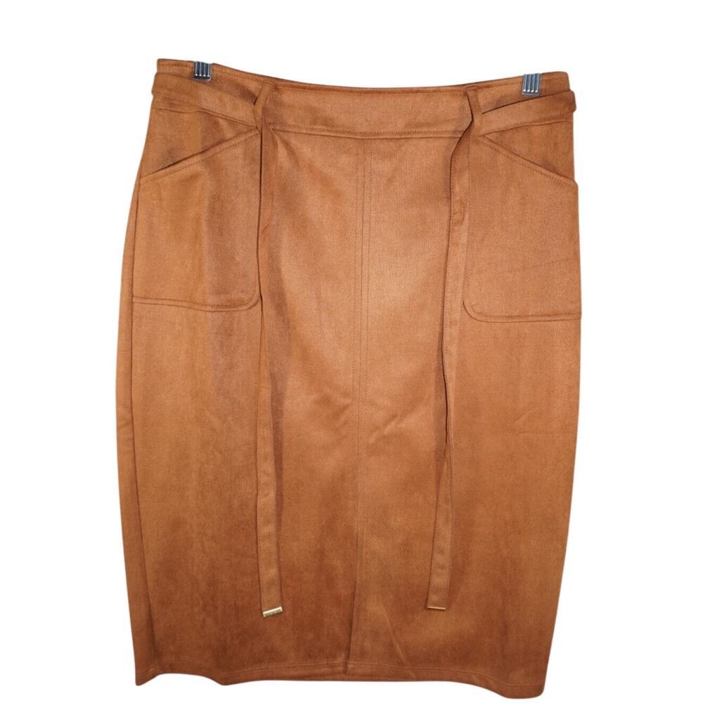NYCC Camel Faux Suede Midi Pencil Skirt High Waist Belted Minimalist M - Picture 2 of 6